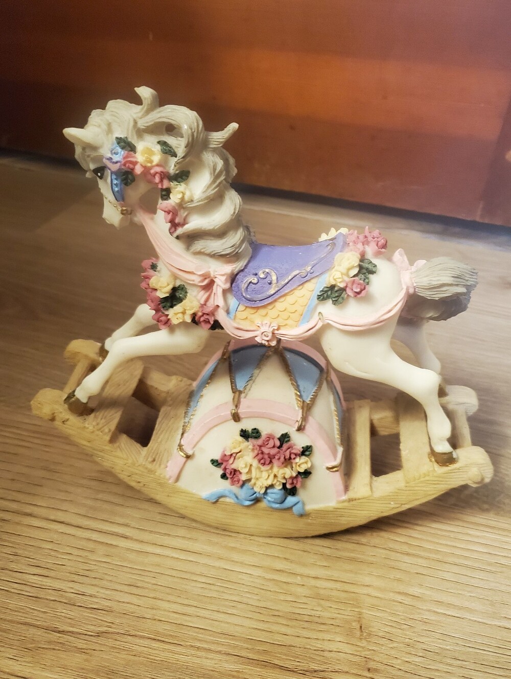 Vintage Resin Rocking Horse Music Box Pastel Floral Carousel Heavy Nursery Decor
